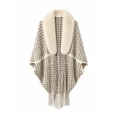 GENERICO - Poncho Abrigo Mujer A Cuadros Casual Cuello Soft Flecos Invierno