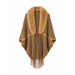 GENERICO - Poncho Abrigo Mujer A Cuadros Casual Cuello Soft Flecos Invierno