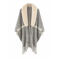 GENERICO - Poncho Abrigo Mujer A Cuadros Casual Cuello Soft Flecos Invierno