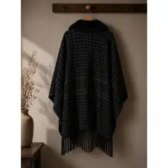 GENERICO - Poncho Abrigo Mujer A Cuadros Casual Cuello Soft Flecos Invierno