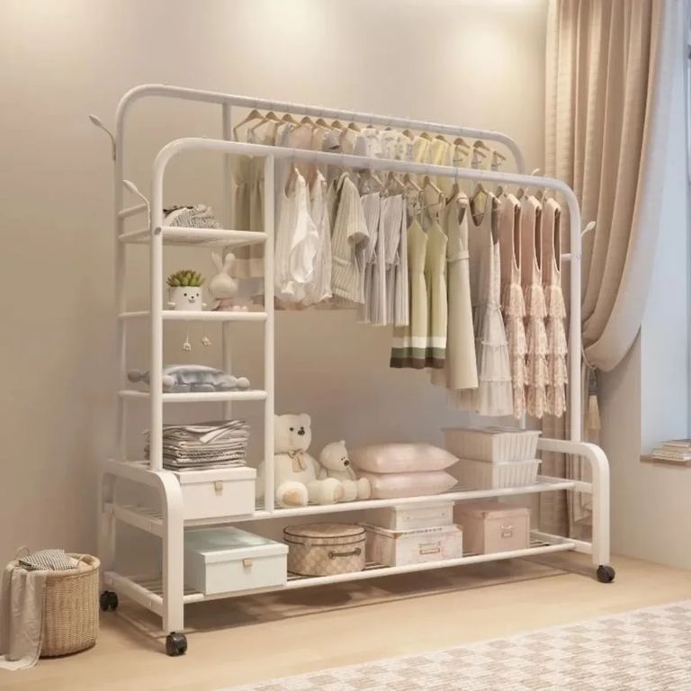 PERCHERO ORGANIZADOR 160 CM DOBLE BARRA CON ESTANTES LATERALES - BLANCO O NEGRO