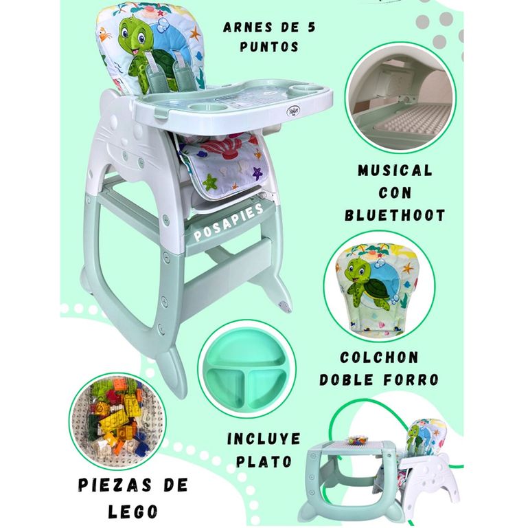 Silla de Comer Carpeta Gato Silvestre Musical 3 en 1 Verde