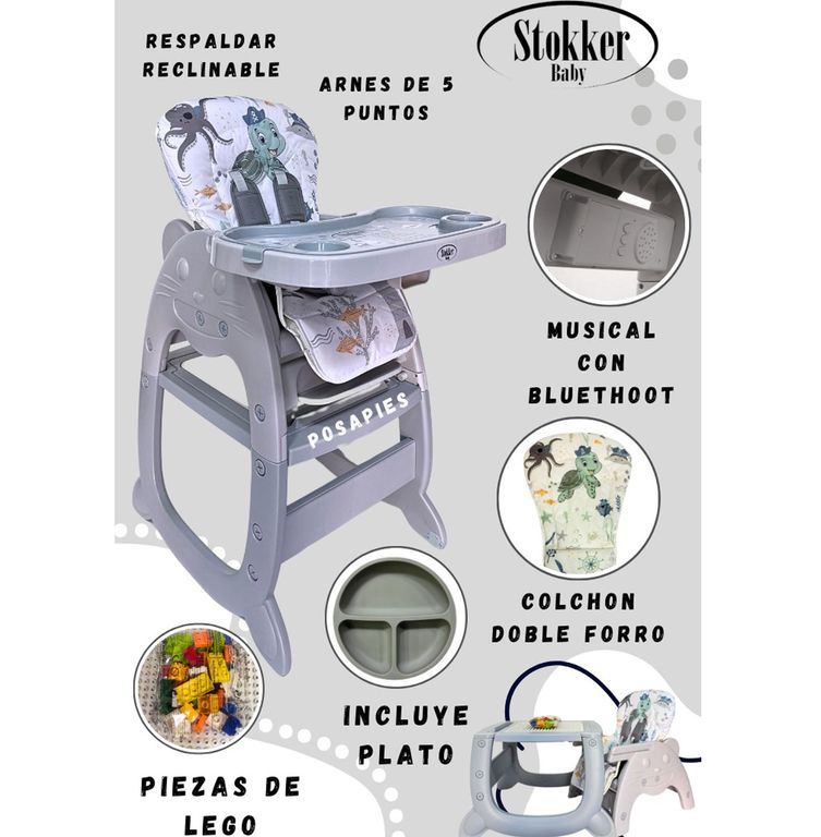 Silla de Comer Carpeta Gato Silvestre Musical 3 en 1 Gris