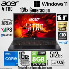 ACER - Laptop Nitro V15 ANV15 Intel Core i7-13620H 16GB RAM 512GB SSD RTX 5050-8GB 15.6" FHD 165Hz