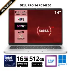 Dell - Laptop Pro 14 PC14250, 14" FHD+ IPS, Intel Core Ultra 7 255U, RAM 16GB, SSD 512GB, Winds 11 Pro