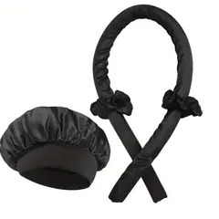 MORITA BAG STORE - KIT PREMIUM RIZADOR NEGRO DE CABELLO DE ONDAS SIN CALOR 4 PIEZAS:GORRO SATIN+RIZADOR+DOS SCRUNCHIES