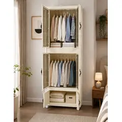 GENERICO - Mueble Organizador Multiusos Beige con Puertas Translúcidas y Ruedas