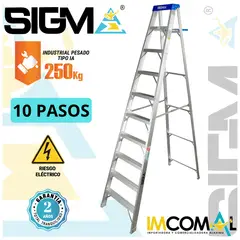 SIGMA - Escalera Aluminio Tijera Simple Acceso de 10 Pasos. Cap. Max. de Carga 250 Kg. Tipo IA Industrial Pesado