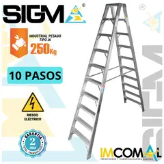 SIGMA - Escalera Aluminio Tijera Doble Acceso de 10 Pasos. Cap. Max. de Carga 250 Kg. Tipo IA Industrial Pesado
