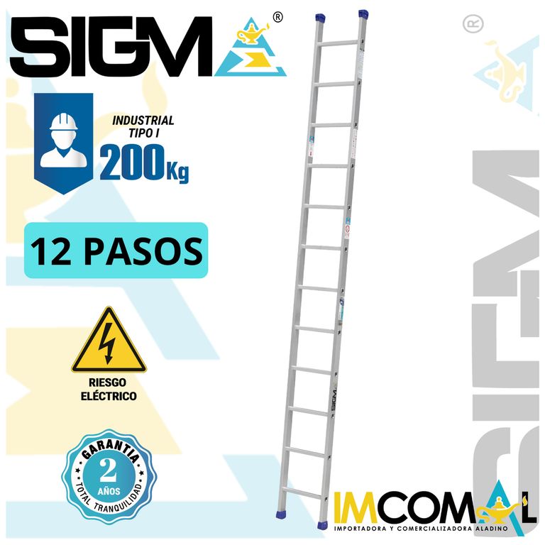 Escalera Aluminio Arrimo de 12 Pasos. Cap. Max. de Carga 200 Kg. Tipo I Industrial
