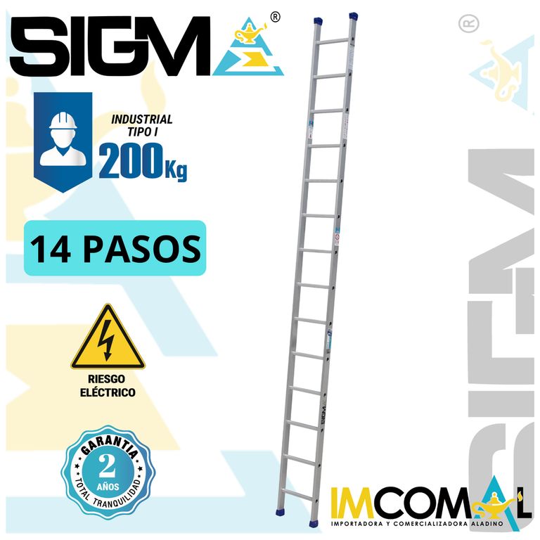 Escalera Aluminio Arrimo de 14 Pasos. Cap. Max. de Carga 200 Kg. Tipo I Industrial