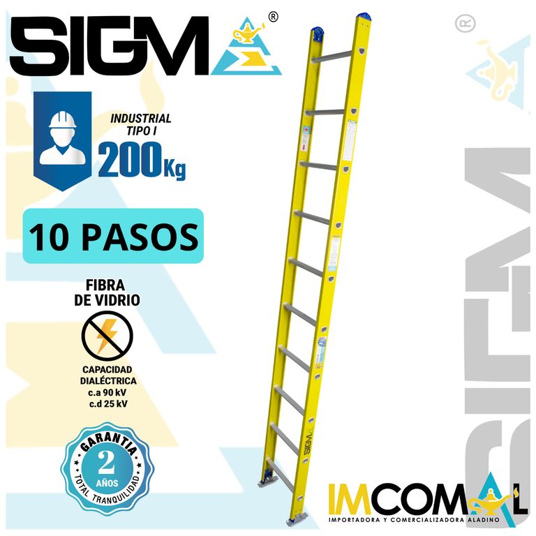 Escalera Fibra de Vidrio Arrimo de 10 Pasos. Cap. Max. de Carga 200 Kg. Tipo I Industrial