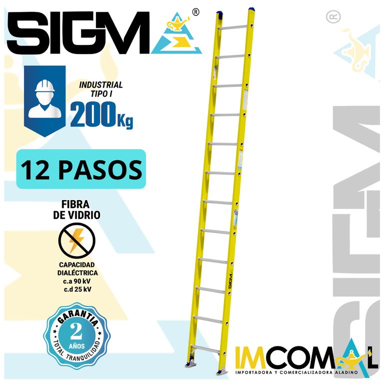 Escalera Fibra de Vidrio Arrimo de 12 Pasos. Cap. Max. de Carga 200 Kg. Tipo I Industrial