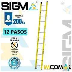SIGMA - Escalera Fibra de Vidrio Arrimo de 12 Pasos. Cap. Max. de Carga 200 Kg. Tipo I Industrial