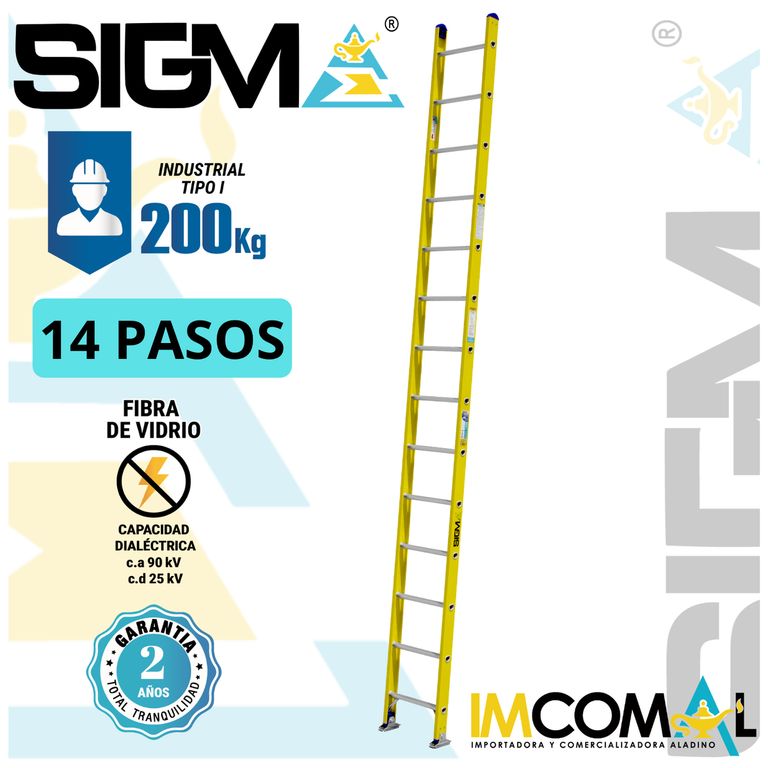 Escalera Fibra de Vidrio Arrimo de 14 Pasos. Cap. Max. de Carga 200 Kg. Tipo I Industrial