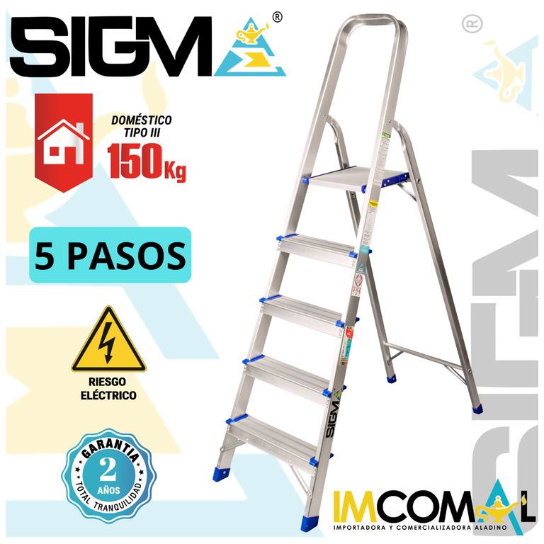 Escalera Aluminio Banqueta de 5 Pasos. Cap. Max. de Carga 150 Kg. Tipo III Domestica