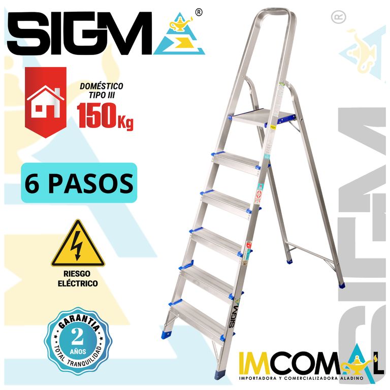Escalera Aluminio Banqueta de 6 Pasos. Cap. Max. de Carga 150 Kg. Tipo III Domestica