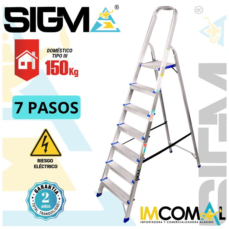 Escalera Aluminio Banqueta de 7 Pasos. Cap. Max. de Carga 150 Kg. Tipo III Domestica