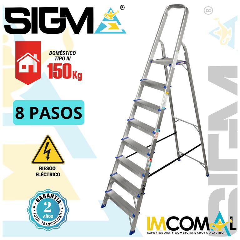Escalera Aluminio Banqueta de 8 Pasos. Cap. Max. de Carga 150 Kg. Tipo III Domestica