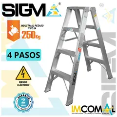 SIGMA - Escalera Aluminio Tijera Doble Acceso de 4 Pasos. Cap. Max. de Carga 250 Kg. Tipo IA Industrial Pesado