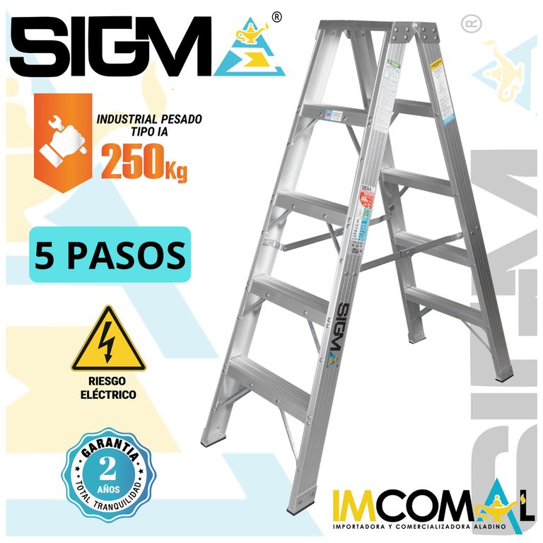 Escalera Aluminio Tijera Doble Acceso de 5 Pasos. Cap. Max. de Carga 250 Kg. Tipo IA Industrial Pesado