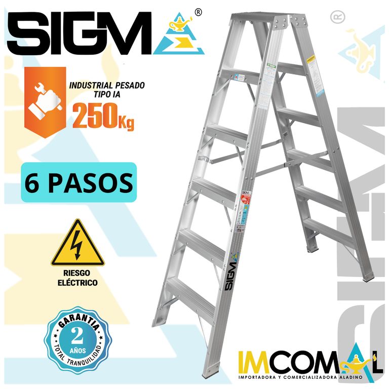 Escalera Aluminio Tijera Doble Acceso de 6 Pasos. Cap. Max. de Carga 250 Kg. Tipo IA Industrial Pesado