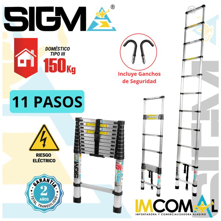 Escalera Aluminio Arrimo Acoplable de 11 Pasos. Cap. Max. de Carga 150 Kg. Tipo III Domestica