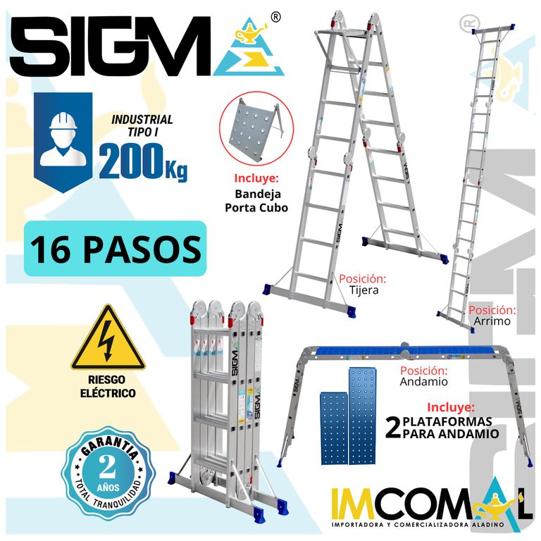 Escalera Aluminio Multipropósito Pesada de 16 Pasos 4x4. Cap. Max. de Carga 200 Kg. Tipo I Industrial