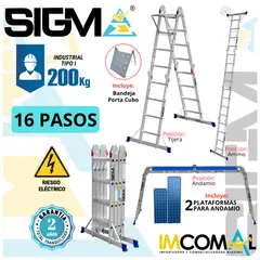 SIGMA - Escalera Aluminio Multipropósito Pesada de 16 Pasos 4x4. Cap. Max. de Carga 200 Kg. Tipo I Industrial