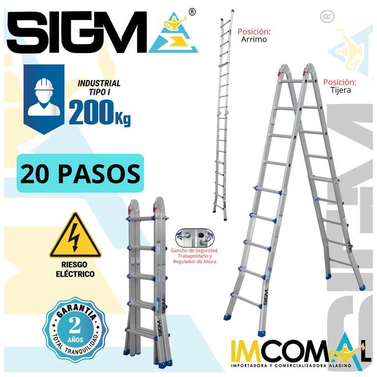 Escalera Aluminio Multipropósito Telescópica de 20 Pasos 4x5. Cap. Max. fe Carga 200 Kg. Tipo I Industrial