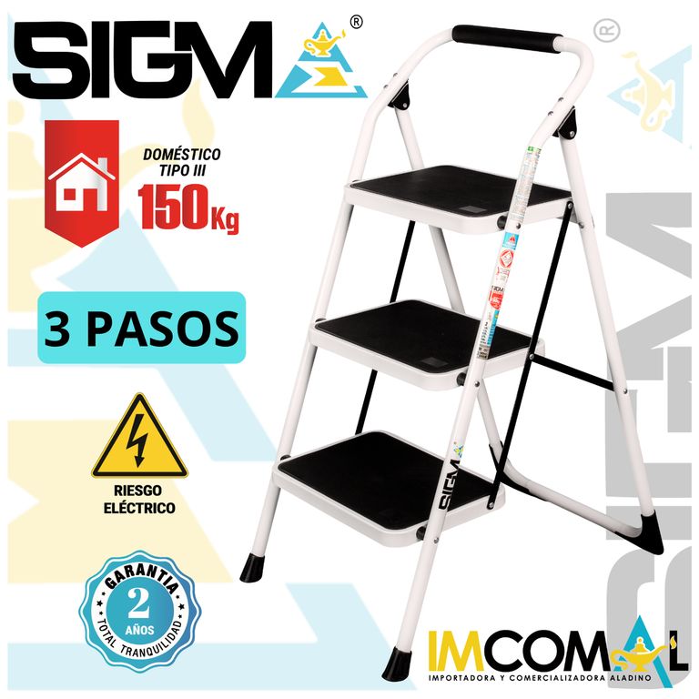 Escalera Acero Taburete de 3 Pasos. Cap. Max. de Carga 150 Kg. Tipo III Domestica