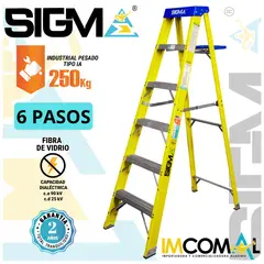 SIGMA - Escalera Fibra de Vidrio Tijera Simple Acceso de 6 Pasos. Cap. Max. de Carga 250 Kg. Tipo IA Industrial Pesado