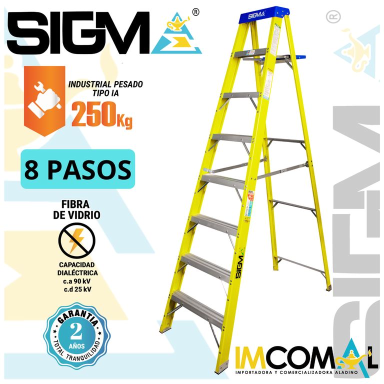 Escalera Fibra de Vidrio Tijera Simple Acceso de 8 Pasos. Cap. Max. de Carga 250 Kg. Tipo IA Industrial Pesado