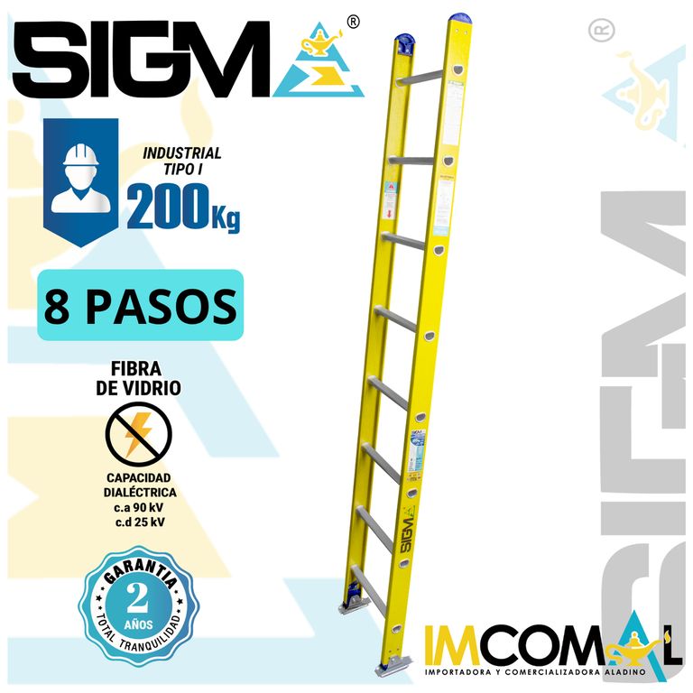 Escalera Fibra de Vidrio Arrimo de 08 Pasos. Cap. Max. de Carga 200 Kg. Tipo I Industrial