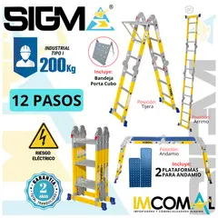SIGMA - Escalera Fibra de Vidrio Multipropósito Pesada de 12 Pasos 4x3. Cap. Max. de Carga 200 Kg. Tipo I Industrial