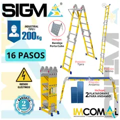 SIGMA - Escalera Fibra de Vidrio Multipropósito Pesada de 16 Pasos 4x4. Cap. Max. de Carga 200 Kg. Tipo I Industrial