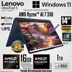 LENOVO - Laptop IdeaPad 5 2 en 1 14AKP10 AMD Ryzen AI 7 350 16GB RAM 1TB SSD 14" WUXGA Táctil