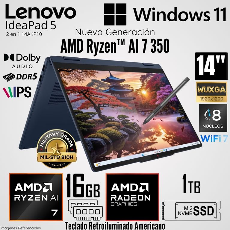 Laptop IdeaPad 5 2 en 1 14AKP10 AMD Ryzen AI 7 350 16GB RAM 1TB SSD 14" WUXGA Táctil