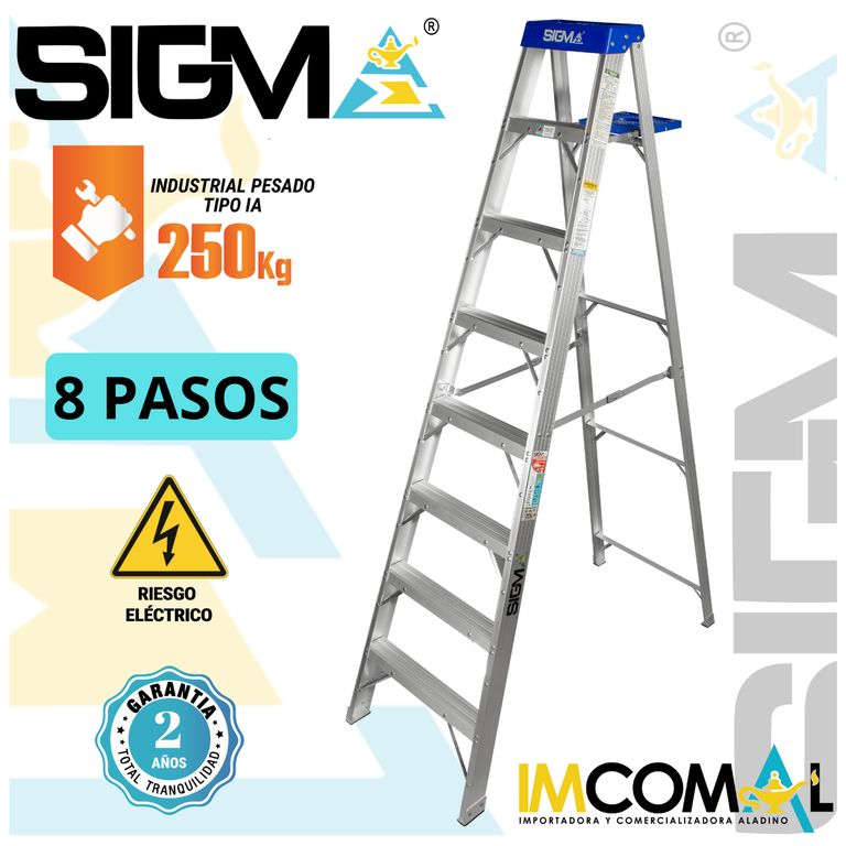 Escalera Aluminio Tijera Simple Acceso de 8 Pasos. Cap. Max. de Carga: 250 Kg. Tipo IA (Industrial Pesado)