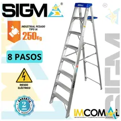 SIGMA - Escalera Aluminio Tijera Simple Acceso de 8 Pasos. Cap. Max. de Carga: 250 Kg. Tipo IA (Industrial Pesado)