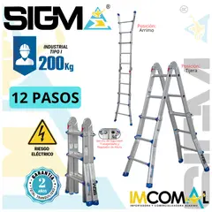 SIGMA - Escalera Aluminio Multipropósito Telescópica de 12 Pasos 4x3. Cap. Max. de Carga: 200 Kg. Tipo I (Industrial)