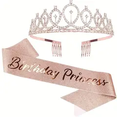 GENERICO - Set tiara y banda cumpleaños escarchada Birthday Princess oro rosa