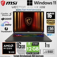 Msi - Laptop Vector A16 HX A8WHG AMD Ryzen 9 8940HX 16GB RAM 1TB SSD RTX 5070Ti-12GB 16" QHD 240Hz