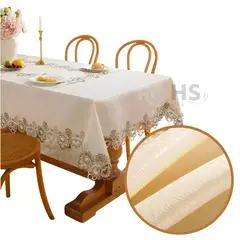 OEM - Mantel Bordado Floral Rectangular Beige 150x250 cm con Encaje Decorativo