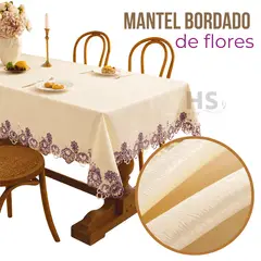 OEM - Mantel Bordado Floral Rectangular Beige 150x250 cm con Encaje Decorativo Lila