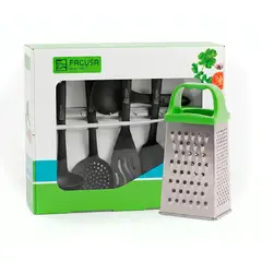 FACUSA - Set de 5 Utensilios Cucharones de Teflon Antiraduras mas Rayador de Acero Inoxidable