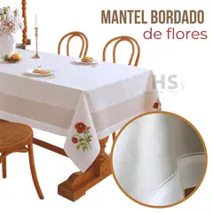 OEM - Mantel Bordado Floral Rectangular Beige y Blanco 150x250 cm con Diseño Amapola