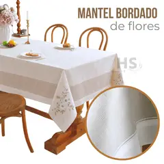 OEM - Mantel Bordado Floral Rectangular Beige y Blanco 150x250 cm con Diseño Floral Beige