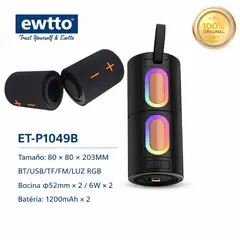 EWTTO - - EXTREME BASS PARLANTE BLUETOOTH TWS DESMONTABLE 2 EN 1 CON LUCES RGB Y SONIDO STEREO REAL
