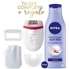 PHILIPS - Depiladora Satinelle Essential BRE255/00 3 Accesorios+Nivea Body Soft Milk Piel Seca 250 ml